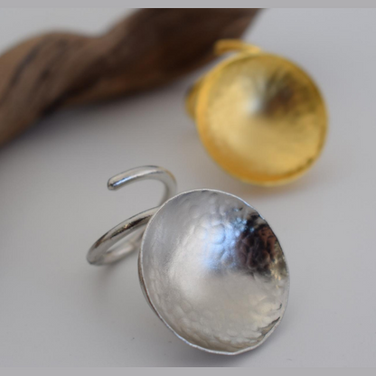 Eos Ring – Greek Hammered Jewelry – Available in 18K Gold, Silver, and Rose Gold Plated. Hammered circular design, adjustable, hypoallergenic, inspired by the goddess of dawn.