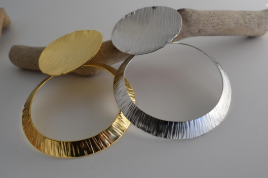 Krateras Earrings – Greek Hammered Jewelry – Available in 18K Gold, Silver, and Rose Gold Plated. Hammered circle design inspired by Greek volcanic craters.