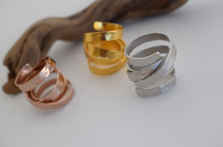 Anemi Ring – Greek hammered jewelry – 18K gold or silver plated – spiral hammered design ring