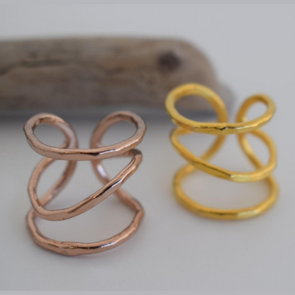 Oceanis Ring – Greek Hammered Jewelry – Available in 18K Gold, Silver, and Rose Gold Plated. Handcrafted spiral design inspired by the Oceanids of ancient Greek mythology.