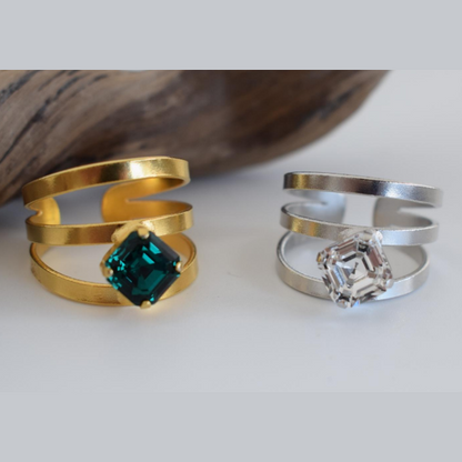 Esperides Ring – Greek hammered jewelry – 18K gold or silver plated with crystal – double hammered band design