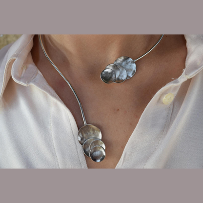 Handmade open choker necklace with hammered circular discs inspired from Greek mythology, available in gold, silver, or rose gold plating.