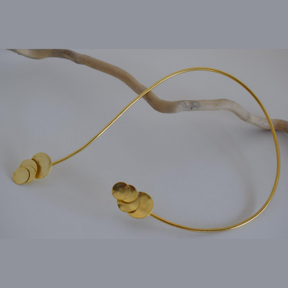 Handmade open choker necklace with hammered circular discs inspired from Greek mythology, available in gold, silver, or rose gold plating.
