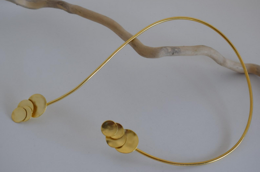Handmade open choker necklace with hammered circular discs inspired by Io from Greek mythology, available in gold, silver, or rose gold plating.