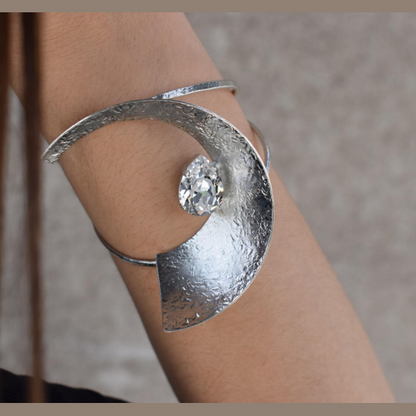 Handmade 18K gold or silver plated crescent cuff bracelet with sparkling crystal centerpiece, inspired by ancient Greek design