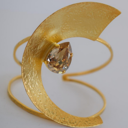 Handmade 18K gold or silver plated crescent cuff bracelet with sparkling crystal centerpiece, inspired by ancient Greek design