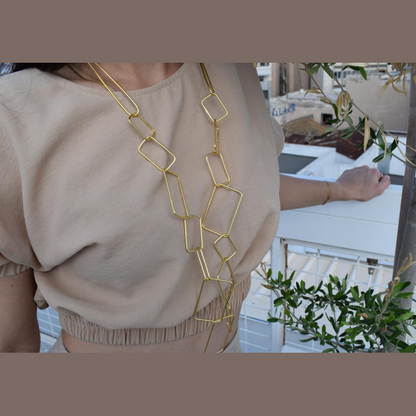 Handcrafted Geometria necklace, Greek hammered jewelry, 18K gold plated, elongated rectangle design inspired by ancient Greek geometry