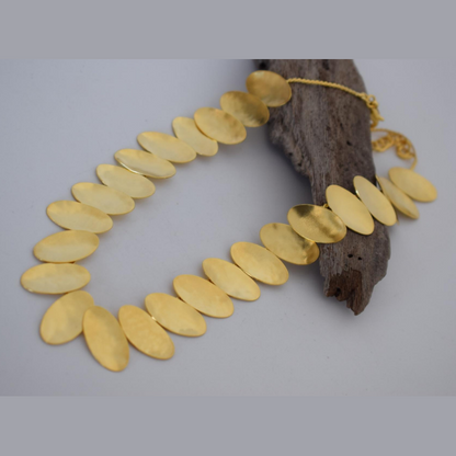 Handcrafted Ilios necklace, Greek hammered jewelry, 18K gold plated, oval disc design inspired by the sun