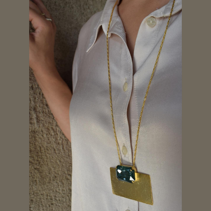 Handcrafted Kyklopa necklace, Greek hammered jewelry, 18K gold plated, hammered rectangle pendant with faceted crystal