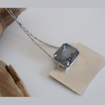 Handcrafted Kyklopa necklace, Greek hammered jewelry, 18K gold plated, hammered rectangle pendant with faceted blue crystal