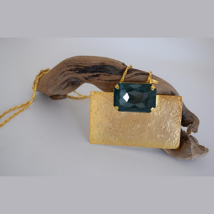 Handcrafted Kyklopa necklace, Greek hammered jewelry, 18K gold plated, hammered rectangle pendant with faceted blue crystal