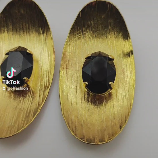 Aphrodite earrings, hammered oval design with crystals, Greek hammered jewelry, handmade, available in 18K gold plated, silver plated, or rose gold plated