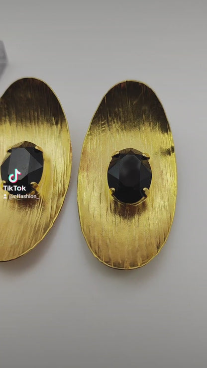 Aphrodite earrings, hammered oval design with crystals, Greek hammered jewelry, handmade, available in 18K gold plated, silver plated, or rose gold plated