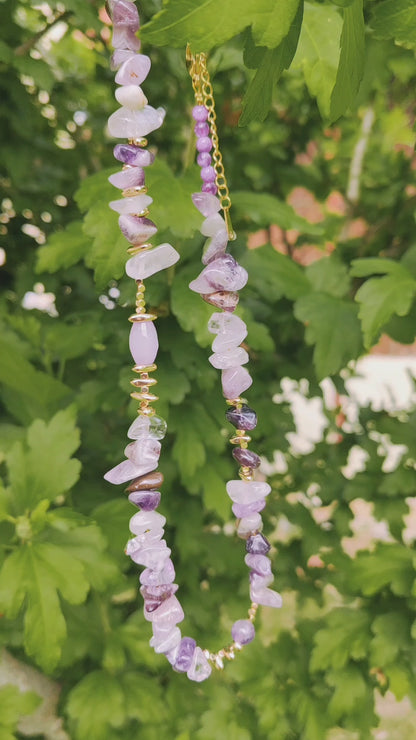 Handmade Amethyst Chip Necklace – Natural Purple Gemstones & Gold Plated Accents 