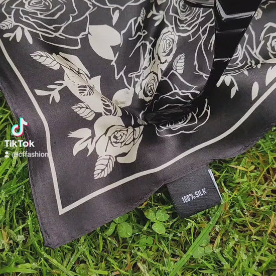 Noir Rose luxury silk square scarf 55x55 black rose motif on cream background CF fashion