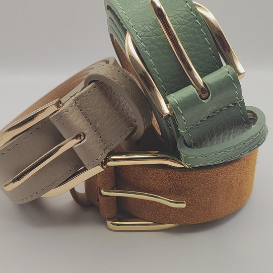 Premium leather belt with silver buckle in lavender, beige, and turquoise – unisex fashion accessory