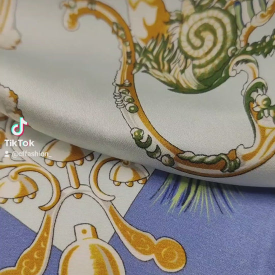 Royal Carriage luxury silk square scarf 55x55 – blue and gold baroque carriage design – CF fashion
