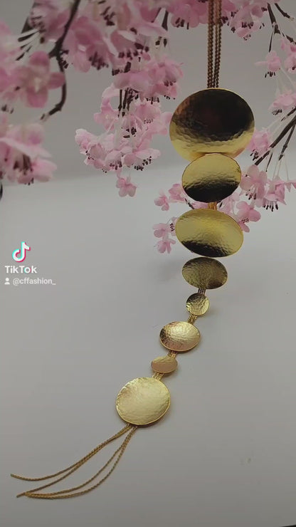 Rhea necklace – Greek hammered jewelry in 18K gold plated, 18K silver plated, and rose gold plated. Handcrafted necklace with hammered circular discs symbolizing the eternal cycle of life.