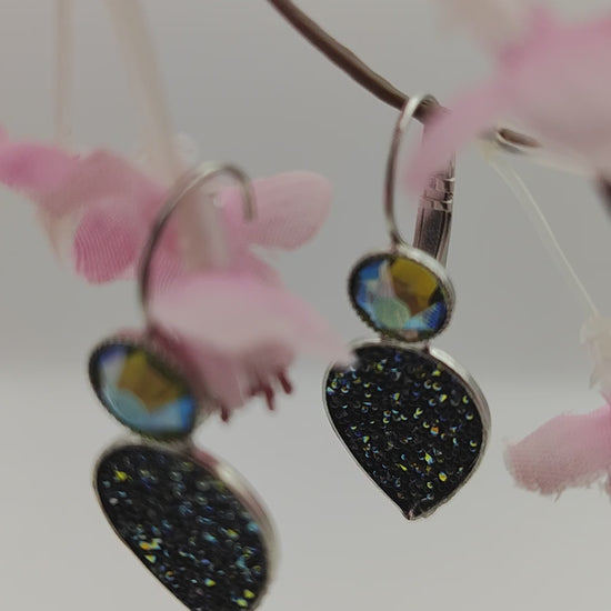 nyx earrings greek hammered jewelry 18k gold or silver plated with black glitter stone and iridescent crystal