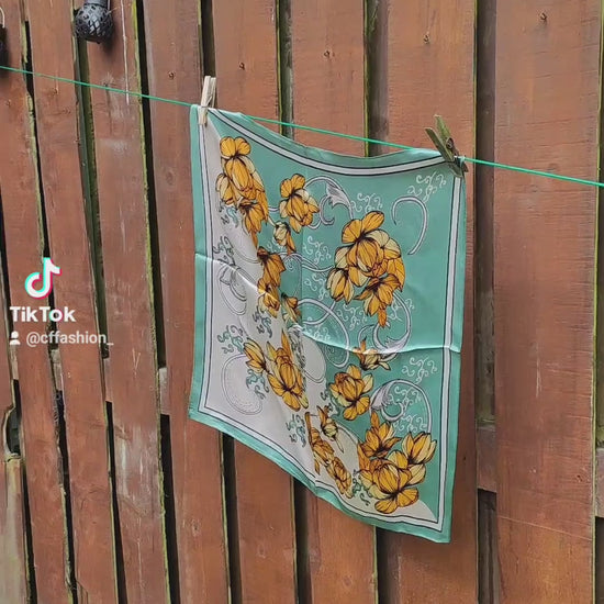 Golden Magnolia luxury silk square scarf 55x55 cm – turquoise with golden floral print – CF fashion