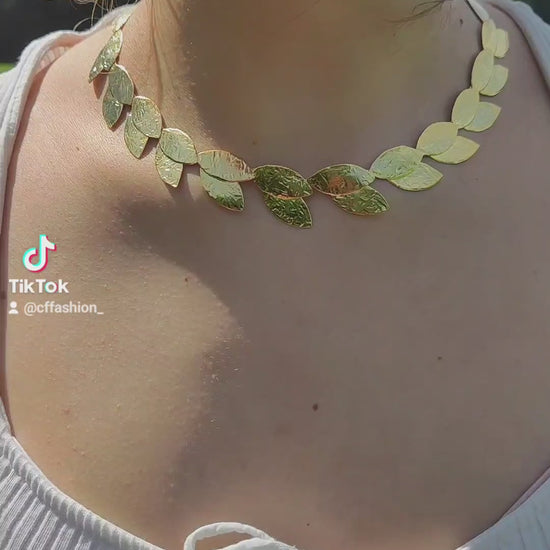 Daphne necklace Greek hammered jewelry 18K gold or silver plated leaf design