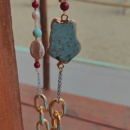 Long Statement Necklace with Raw Turquoise, Pearls & 18K Gold Plated Enamel Chain