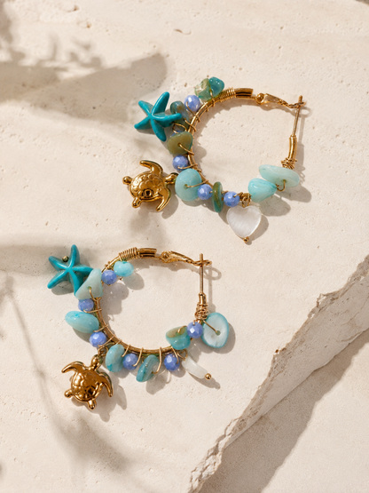 Aegean Sea Turtle Hoop Earrings | Stainless Steel & Natural Stones