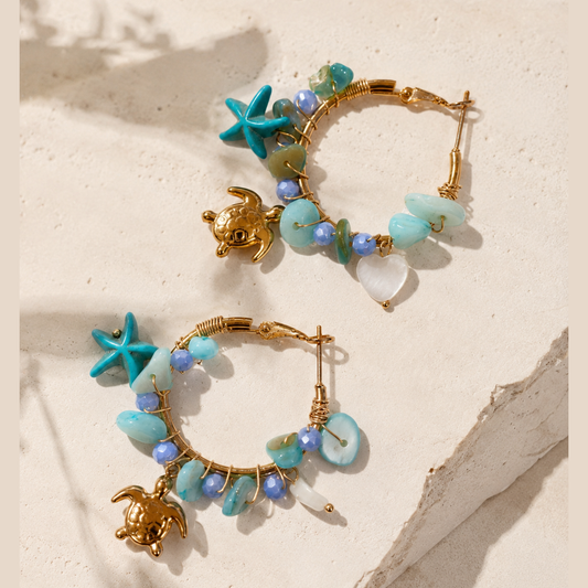 Aegean Sea Turtle Hoop Earrings | Stainless Steel & Natural Stones