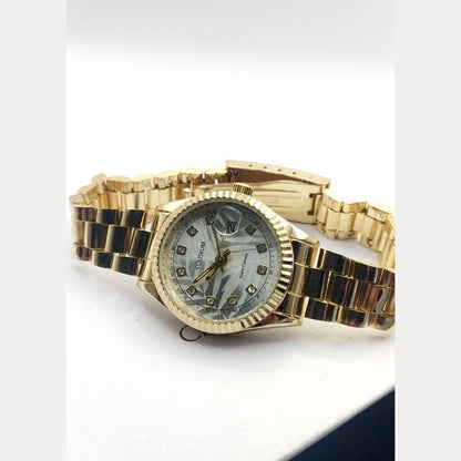 Women’s Elegant Gold Stainless Steel Watch With Crystals On Dial Date Display